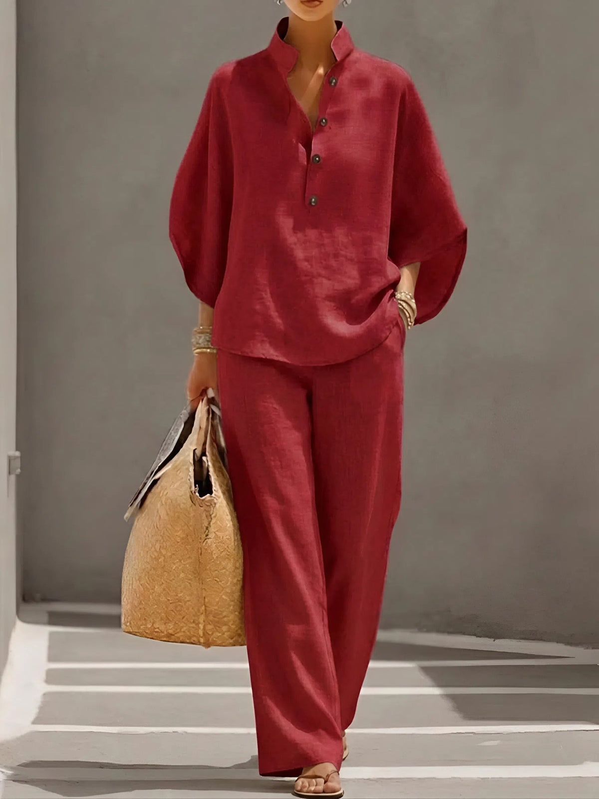 Linnenlook set dames met staande kraag en wijde mouwen in rood