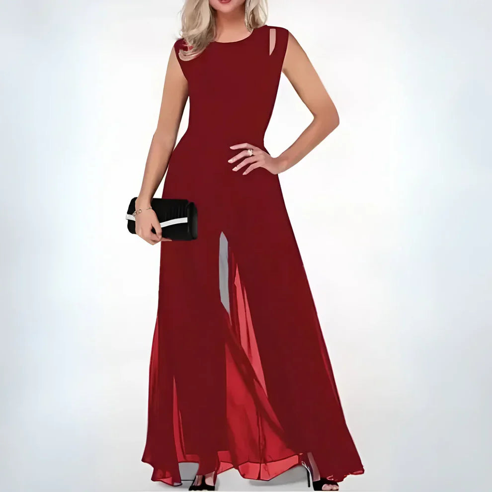 Jumpsuit met Hoge Taille, Ronde Hals en Chiffon Overlay – Elegant & Veelzijdig – Maëlinne