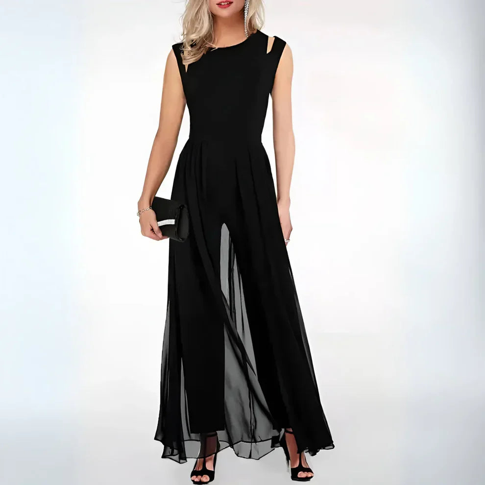 Jumpsuit met Hoge Taille, Ronde Hals en Chiffon Overlay – Elegant & Veelzijdig – Maëlinne
