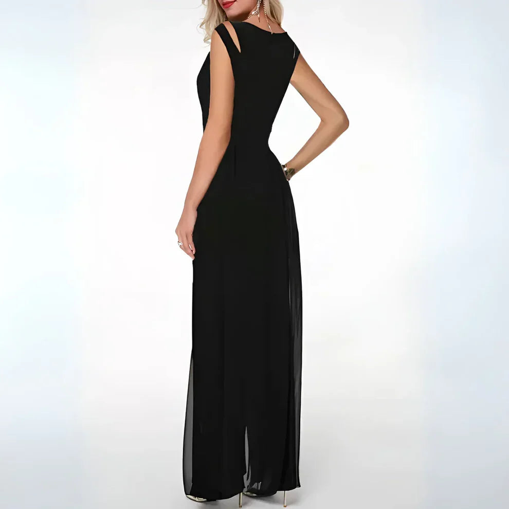 Jumpsuit met Hoge Taille, Ronde Hals en Chiffon Overlay – Elegant & Veelzijdig – Maëlinne