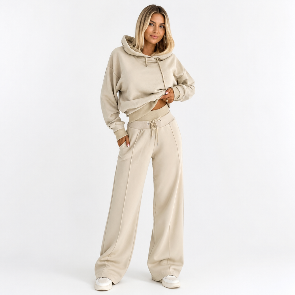 Beige loungeset dames met cropped hoodie en wijde broek
