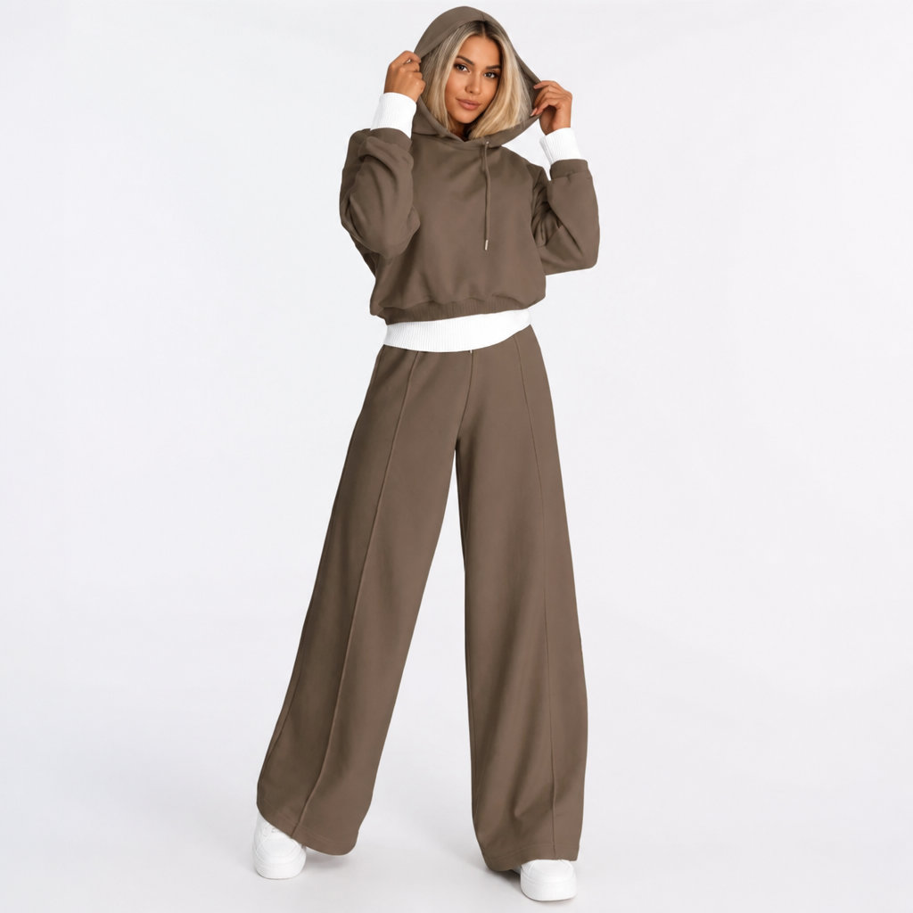 Taupe loungeset dames met cropped hoodie en wijde broek met witte contrastrand