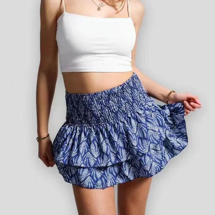 Blauwe zomerrok dames met ruches en gesmockte taille