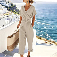 Jumpsuit met Korte Mouwen, V-hals en Overslagtaille – Stijlvol & Vrouwelijk – Lucianne