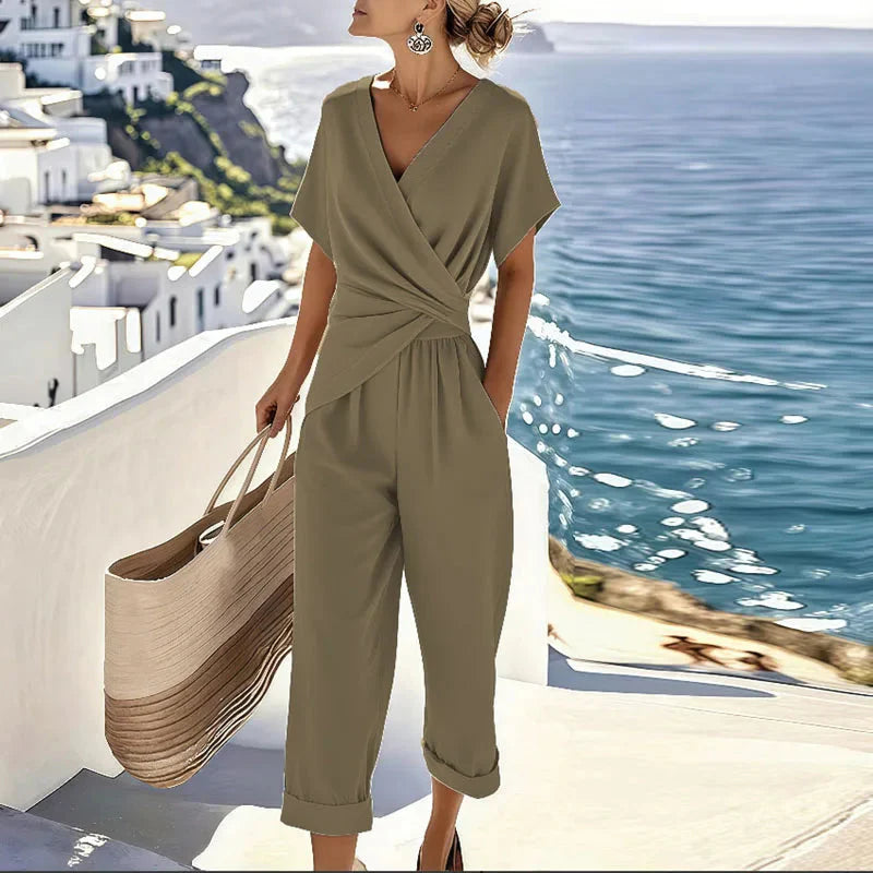 Jumpsuit met Korte Mouwen, V-hals en Overslagtaille – Stijlvol & Vrouwelijk – Lucianne
