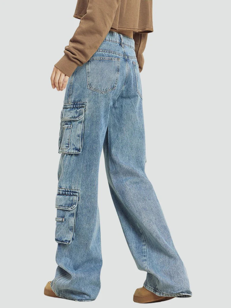 Lichtblauwe Baggy Cargo Jeans met Relaxte Pasvorm en Cargozakken – Casual & Veelzijdig – Maëlig