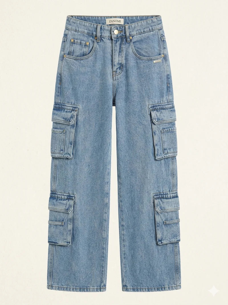 Lichtblauwe Baggy Cargo Jeans met Relaxte Pasvorm en Cargozakken – Casual & Veelzijdig – Maëlig