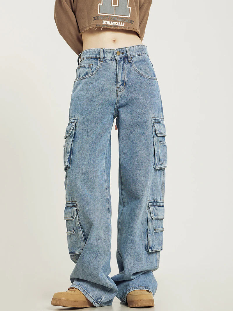Lichtblauwe Baggy Cargo Jeans met Relaxte Pasvorm en Cargozakken – Casual & Veelzijdig – Maëlig