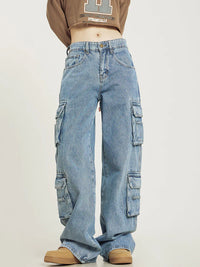 Lichtblauwe Baggy Cargo Jeans met Relaxte Pasvorm en Cargozakken – Casual & Veelzijdig – Maëlig