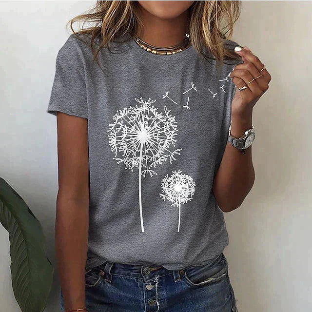 T-shirt met Ronde Hals en Grafische Paardenbloemprint – Speels & Casual – Marjolaine