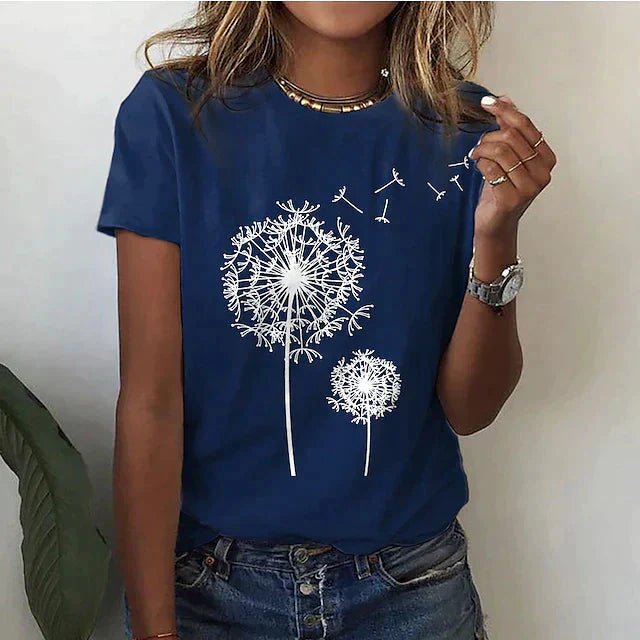 T-shirt met Ronde Hals en Grafische Paardenbloemprint – Speels & Casual – Marjolaine