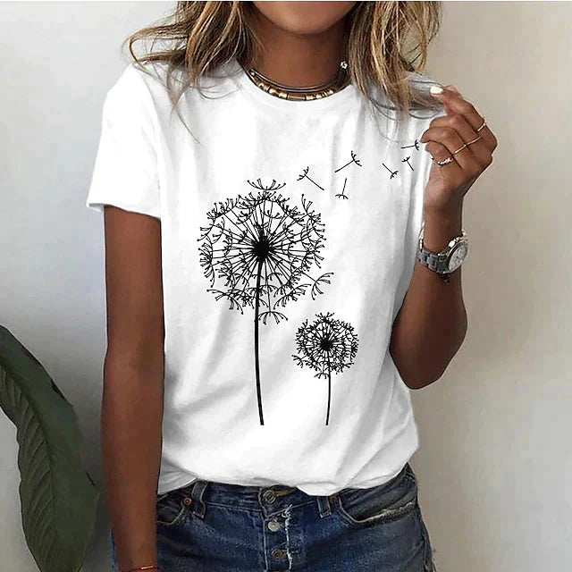 T-shirt met Ronde Hals en Grafische Paardenbloemprint – Speels & Casual – Marjolaine