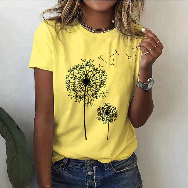 T-shirt met Ronde Hals en Grafische Paardenbloemprint – Speels & Casual – Marjolaine