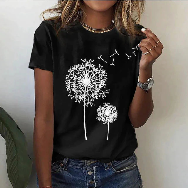 T-shirt met Ronde Hals en Grafische Paardenbloemprint – Speels & Casual – Marjolaine