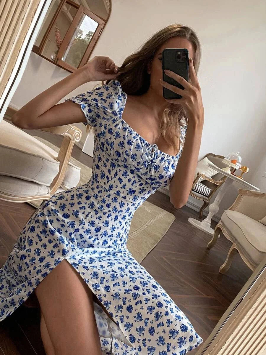 Boho Midi Jurk met Vierkante Hals, Pofmouwen en Bloemenprint – Romantisch & Vrouwelijk – Marlies