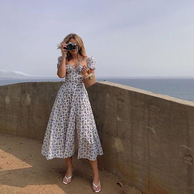 Boho Midi Jurk met Vierkante Hals, Pofmouwen en Bloemenprint – Romantisch & Vrouwelijk – Marlies