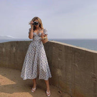 Boho Midi Jurk met Vierkante Hals, Pofmouwen en Bloemenprint – Romantisch & Vrouwelijk – Marlies