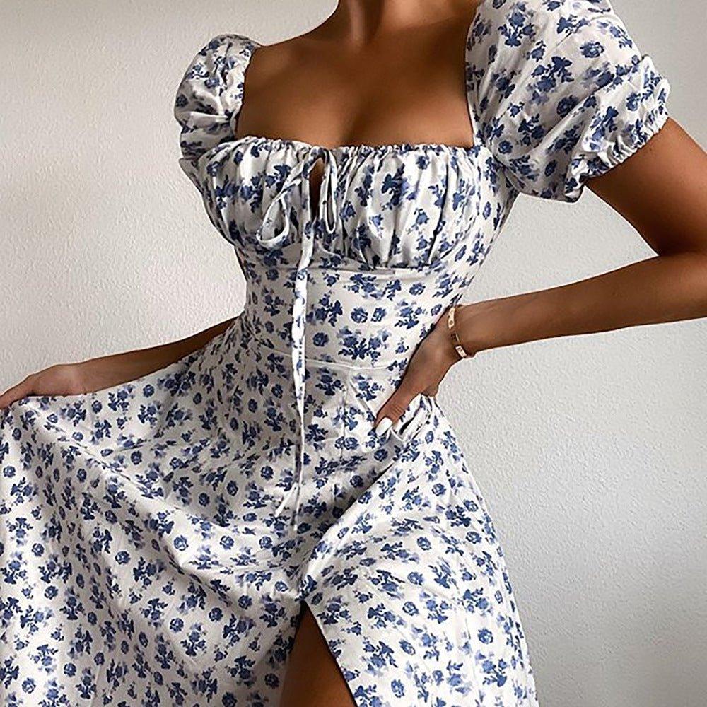 Boho Midi Jurk met Vierkante Hals, Pofmouwen en Bloemenprint – Romantisch & Vrouwelijk – Marlies
