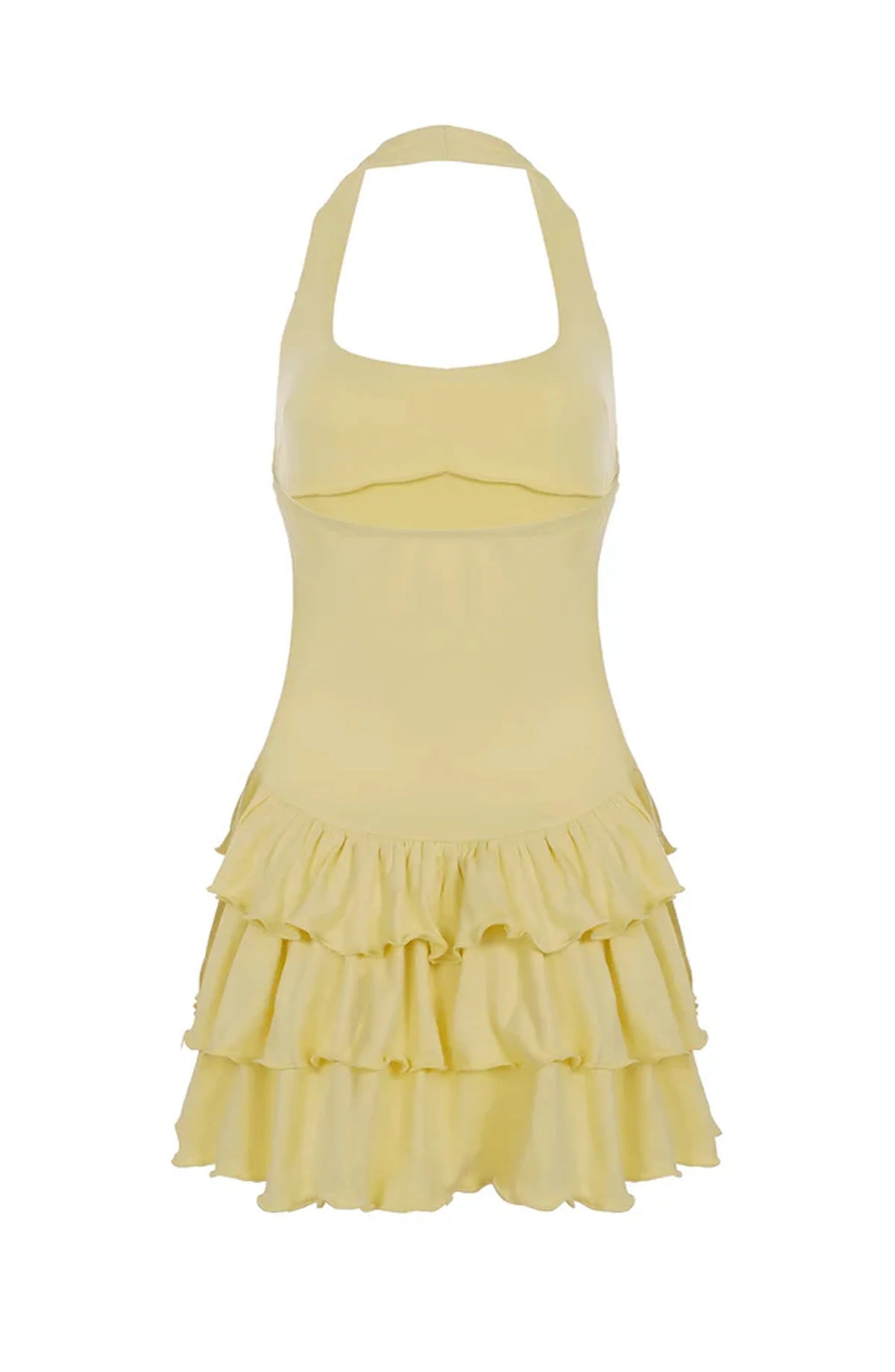 Halternek Mini Jurk in Geel met Gelaagde Ruchesrok – Zomers & Feestelijk – Marveine
