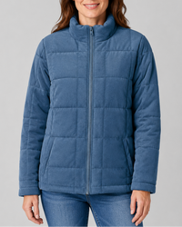 Mat gewatteerd dames jack met blokstiksels en staande kraag in blauw, voorkant met rits dicht
