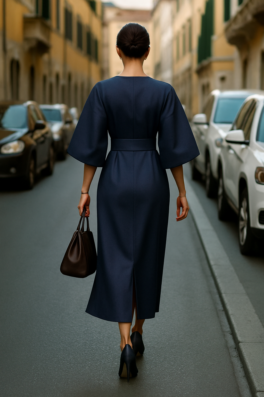 Achterkant van de dames midi-jurk met wijde mouwen in marineblauw