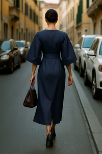 Achterkant van de dames midi-jurk met wijde mouwen in marineblauw