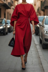 Dames midi-jurk met wijde mouwen en tailleband in rood
