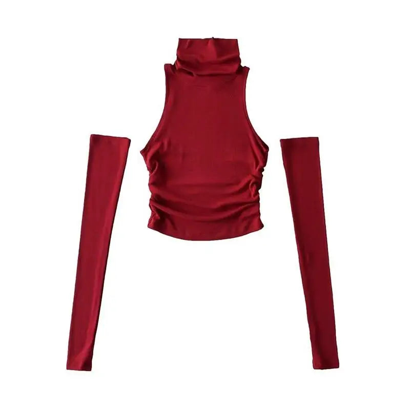 Mouwloze coltop dames met losse armwarmers in rood, top en losse armwarmers
