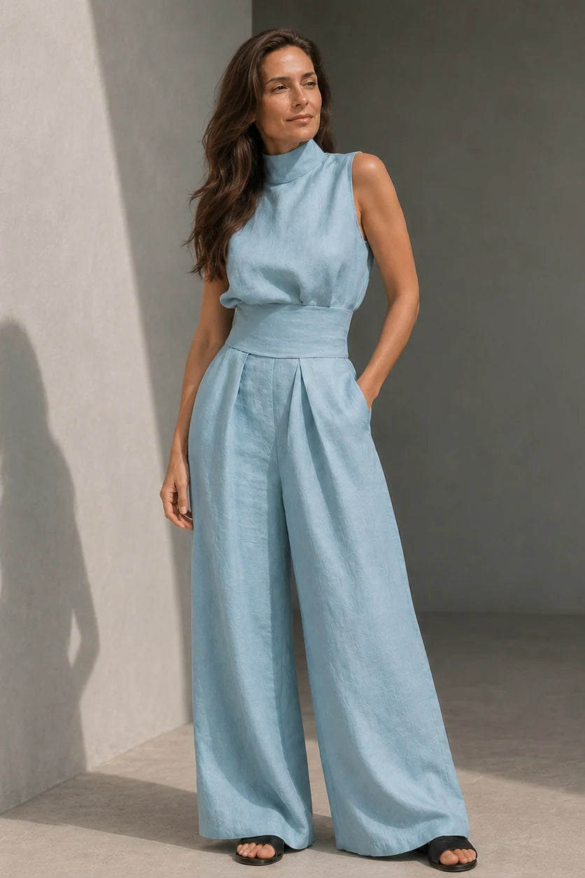 Lichtblauwe wide leg jumpsuit dames met gesloten hals