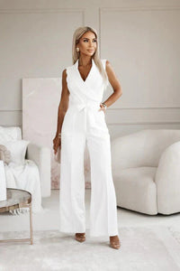Mouwloze Jumpsuit met Reverskraag, Strikband en Wijde Pijpen – Chic & Getailleerd – Octavienne