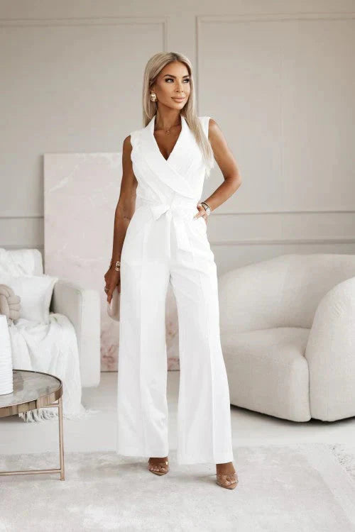 Mouwloze Jumpsuit met Reverskraag, Strikband en Wijde Pijpen – Chic & Getailleerd – Octavienne