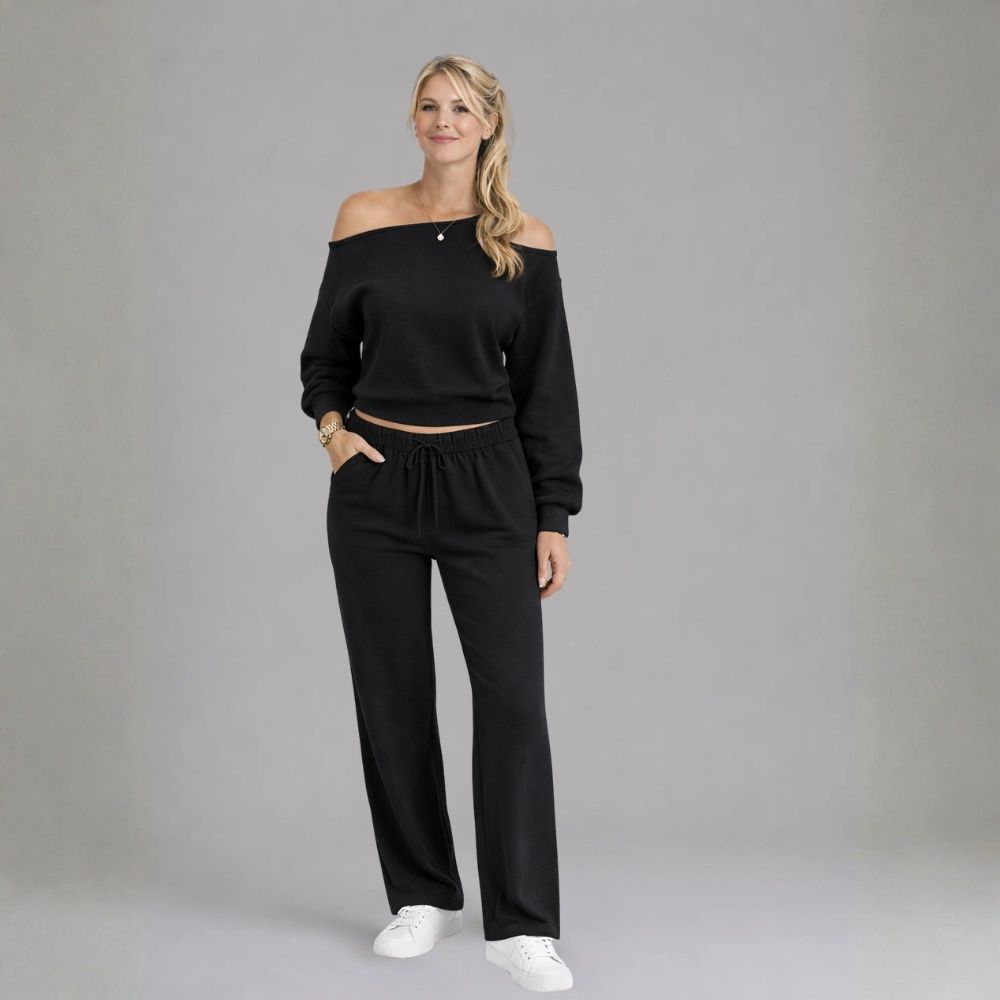 Off-shoulder loungeset dames in zwart met sweater en wijde trekkoordbroek
