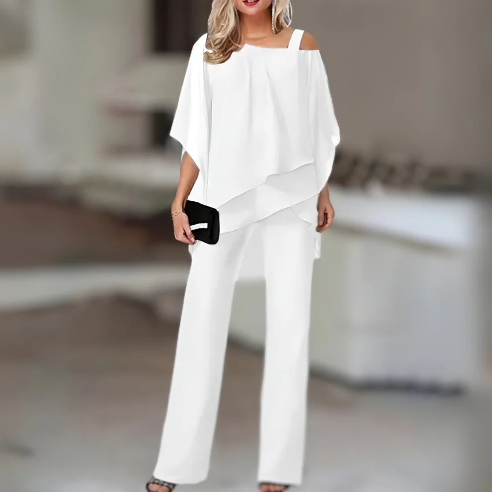 Co-ord Set met Off-Shoulder Top en Wijde Broek – Krachtig & Vrouwelijk – Ombrine