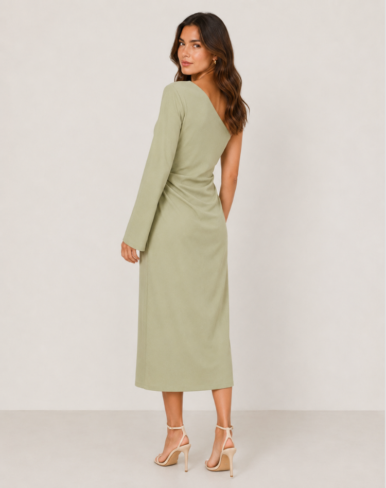 Gedrapeerde Dames One-Shoulder Midi-Jurk Met Klokmouw En Split