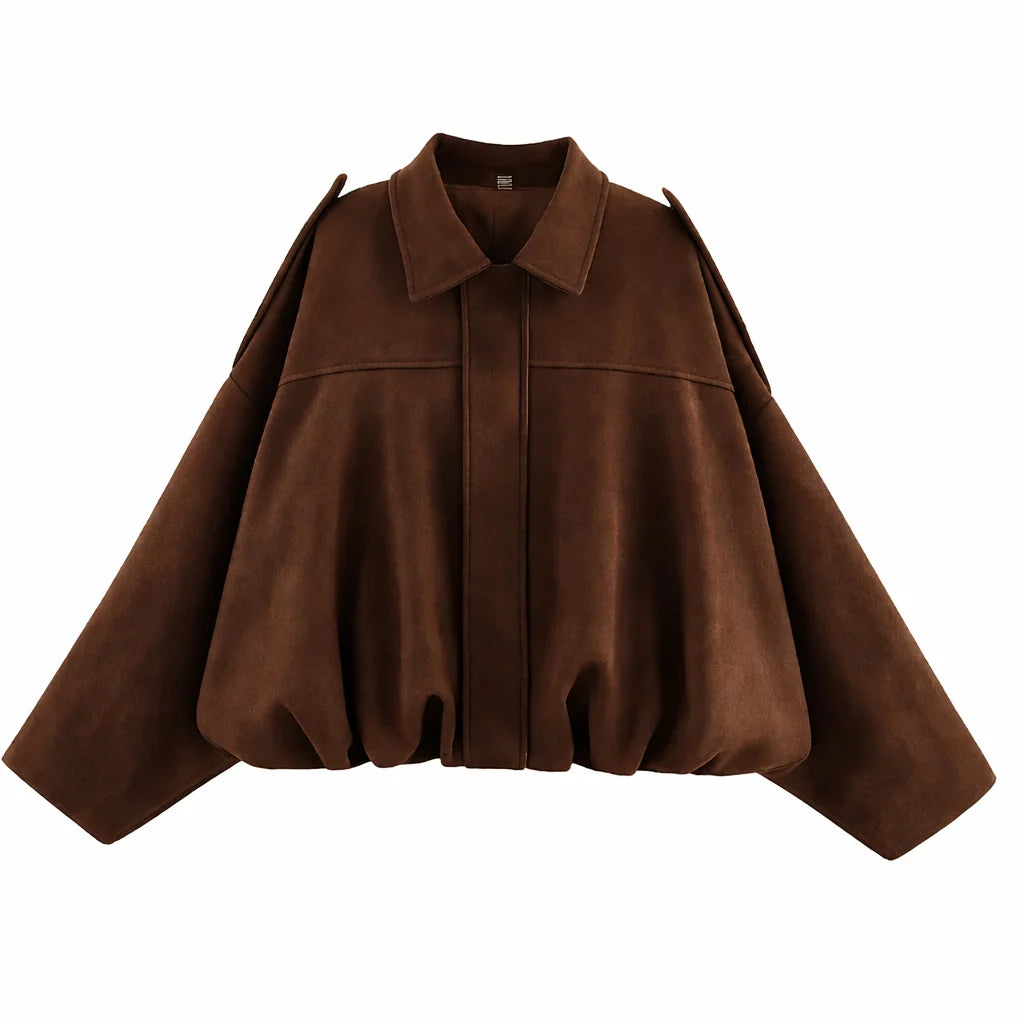 Bruine oversized bomberjas met elastische zoom en overhemdkraag