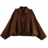 Bruine oversized bomberjas met elastische zoom en overhemdkraag