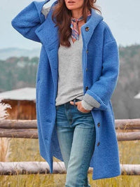 Oversized bouclé jas met capuchon en knoopsluiting voor dames in blauw