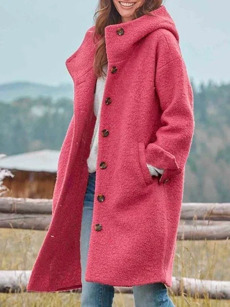 Oversized bouclé jas met capuchon en knoopsluiting voor dames in roze