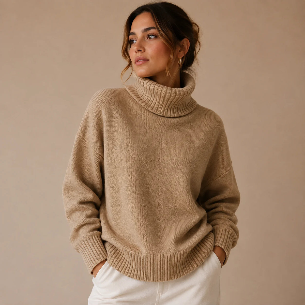 Khaki coltrui dames met brede col en effen breisel