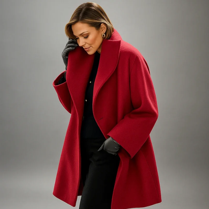 Rode dames jas met wollook en lage schouderlijn