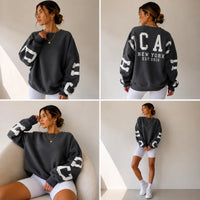 Antracietgrijze sweater dames met print op de mouwen, meerdere hoeken