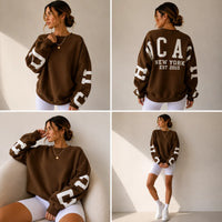 Bruine sweater dames met varsity print, voor- en achteraanzicht