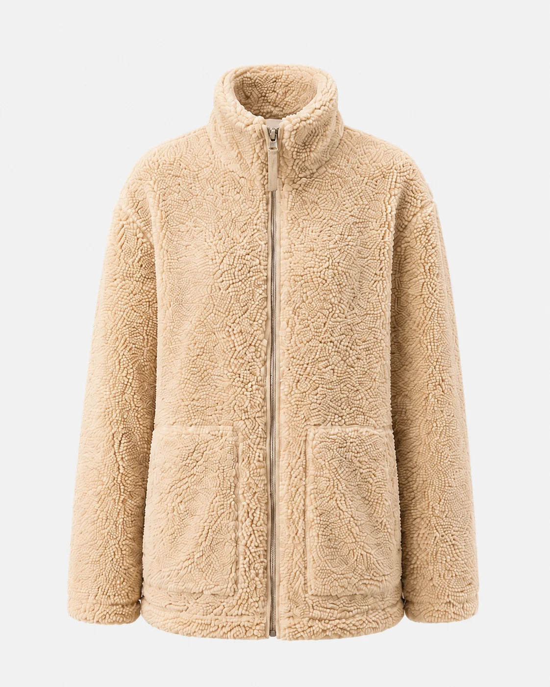 Teddy jas dames in beige met opgestikte zakken, productfoto vooraanzicht