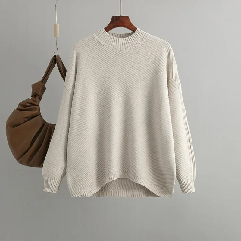 Crème oversized dames trui met halve col en diagonale rib
