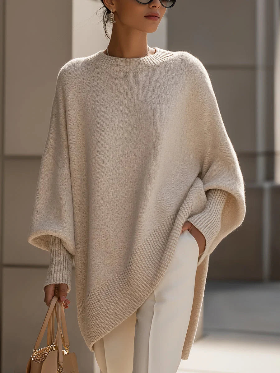 Beige oversized gebreide poncho dames met ronde hals