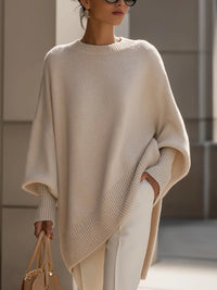 Beige oversized gebreide poncho dames met ronde hals