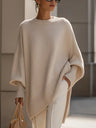Oversized Gebreide Dames Poncho met Ronde Hals en Geribde Manchetten