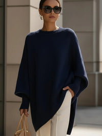 Marineblauwe oversized poncho voor dames met geribde zoom