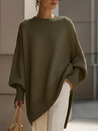 Olijfgroene poncho dames met ronde hals en geribde boorden
