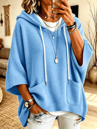 Hemelsblauwe oversized hoodie dames met wafelstructuur, vooraanzicht